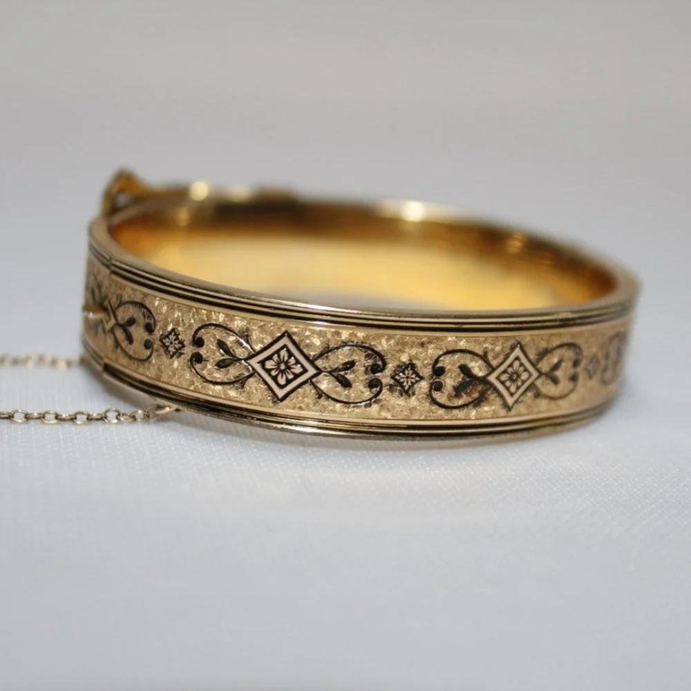 Antique Victorian 10K Gold Filled Enamel Taille D'Epargne Buckle Bangle Bracelet - Picture 8 of 8